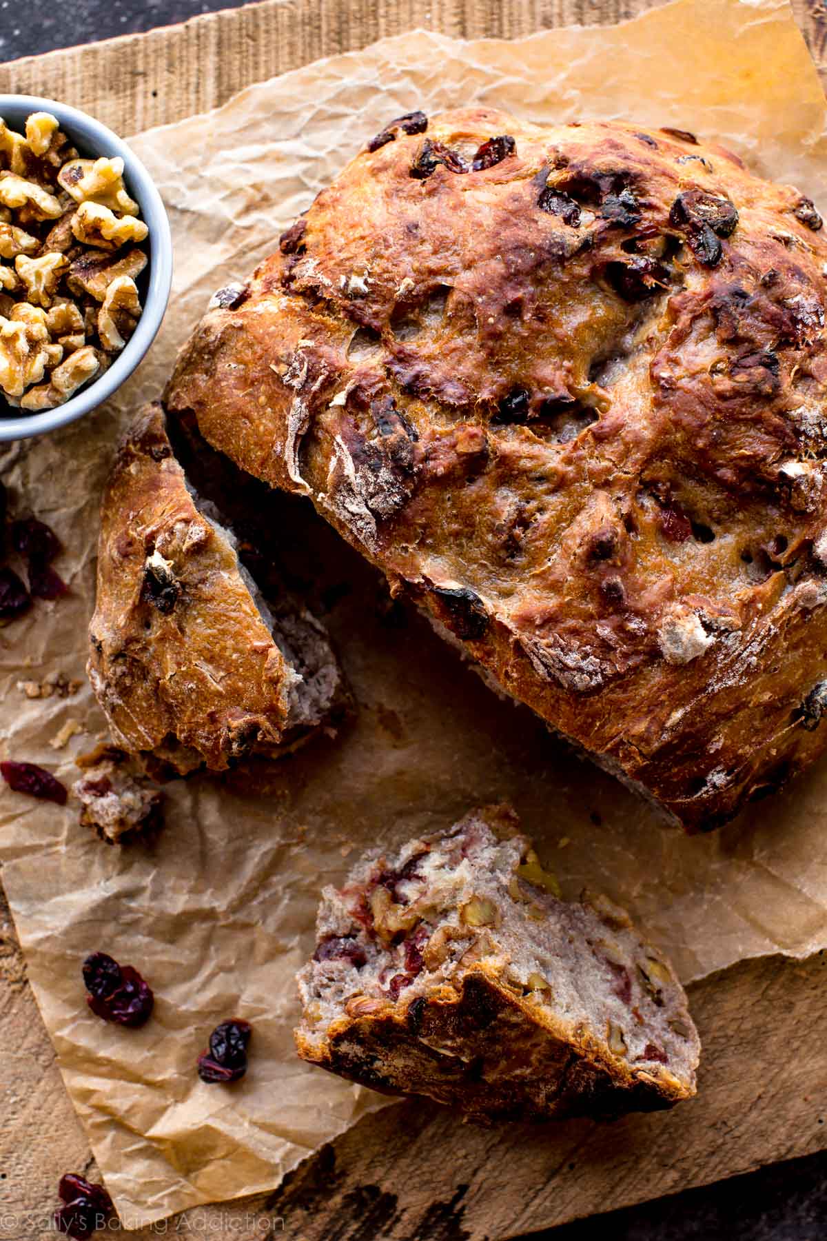 No-knead super crusty, soft, and EASY bread made in the dutch oven! Filled with dried cranberries and walnuts, the bread is delicious! Recipe on sallysbakingaddiction.com