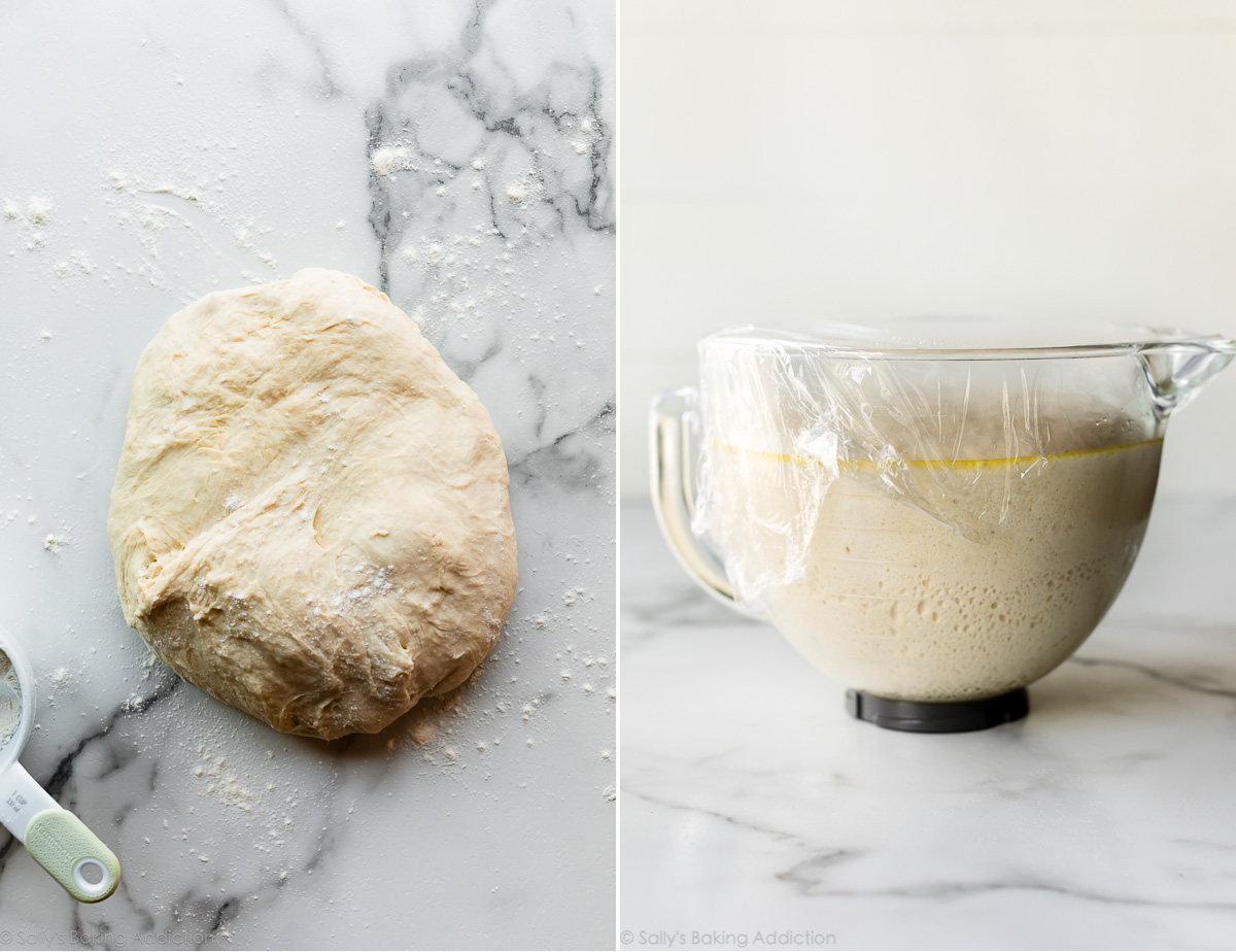 Dough on counter and after rising in mixing bowl