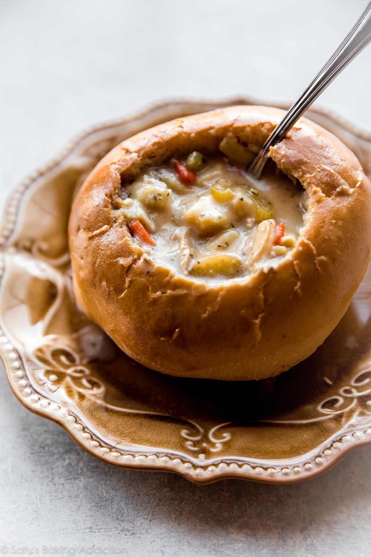 Chicken noodle soup in a bread bowl